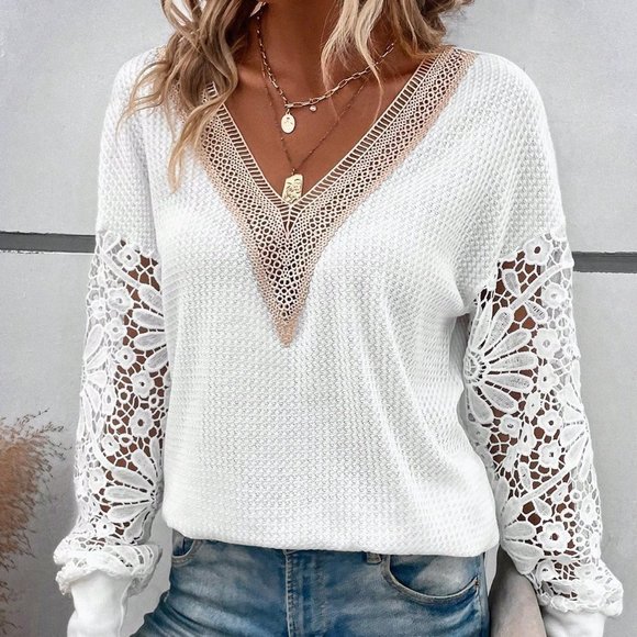 White Preppy Womens Guipure Lace Insert Drop Shoulder Sweatshirt - Picture 5 of 5